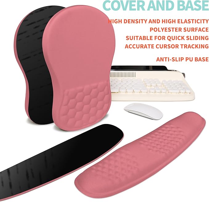 2-in-1 Ergonomic Set, Wave Rise Keyboard Wrist Rest and Massage Bulge Slope Mouse Pad Wrist Support, Cushion Memory Foam Integrated to Relieve Wrist Pain, Muskmelon Pink