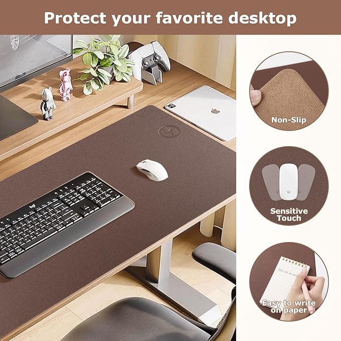 Wireless Charging Mouse Pad Firelison 2 in 1 Leather Multifunctional Office Desk Pad with Non-Slip Rubber Base, Waterproof Desk pad for Computers/Office/Work/Home/Decor（ 36" x 17"Brown - R）