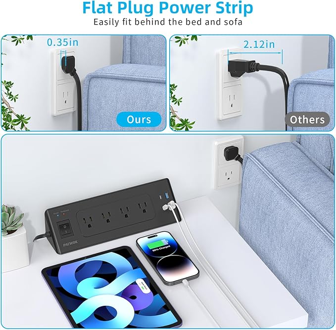 Desk Clamp Power Strip with USB C, Desk Charging Station with 4 Outlets 4 USB Ports, Desktop Mounted Power Strip Surge Protector, 6.5ft Flat Plug Extension Cord, Fit 1.9 inch Tabletop Edge, Black