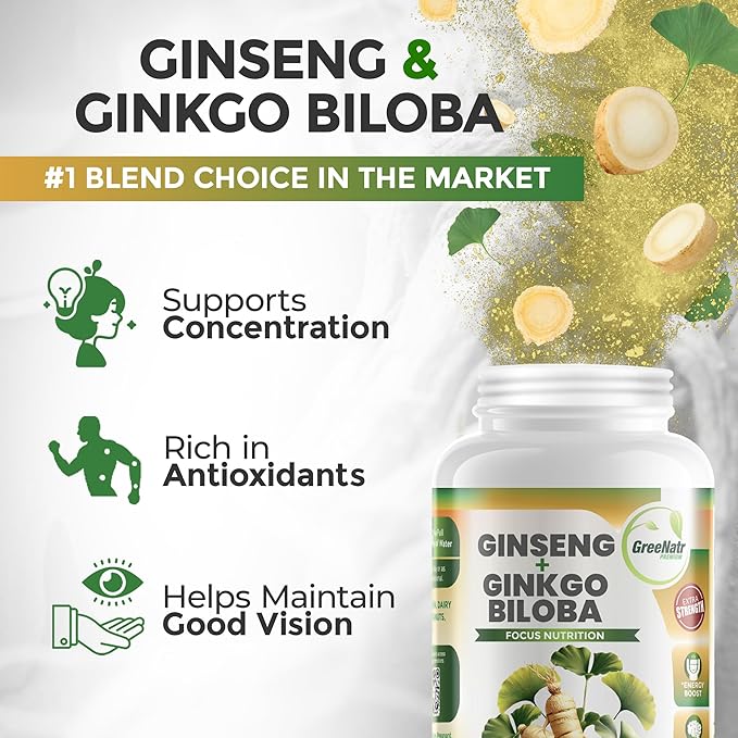 Ginko Biloba & Panax Ginseng Supplement - Red Ginseng Brain Supplement for Memory and Focus - Ginkgo Biloba Supplements for Good Vision, Immune System and Improved Blood Flow - 12 Bottles