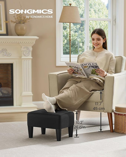 SONGMICS Foot Stool with Legs, Small Footstool Ottoman, Linen-Look Fabric Seat with Thick Cushion, for Living Room, Bedroom, Entryway, 330 lb Weight Capacity, Ink Black ULOM502B01