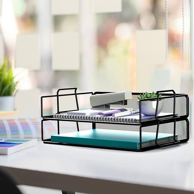2 Tier Stackable Letter Tray Paper Holder Desk Organizer for Home Office School, Black