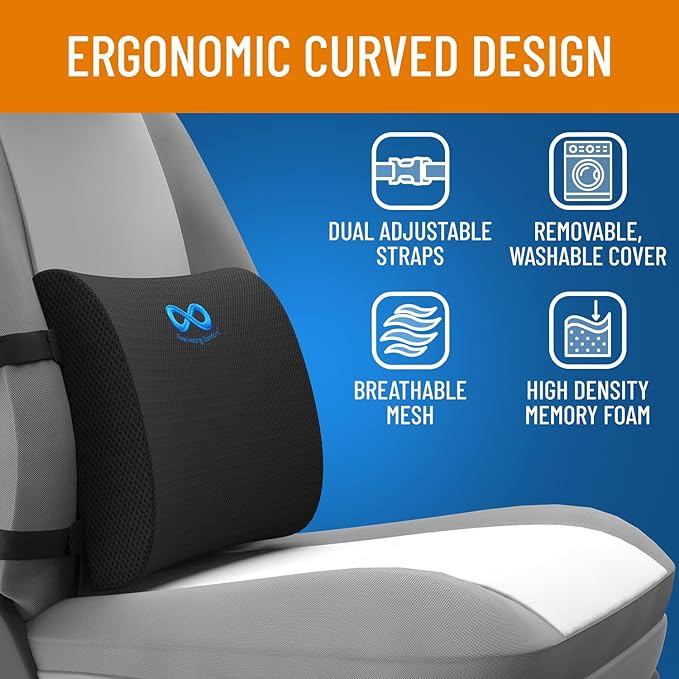 Everlasting Comfort Lumbar Support Cushion for Car Seat - Memory Foam Back Cover for Car - Lumbar Support Promotes Better Posture, Back Pain Relief - Ideal for Driving