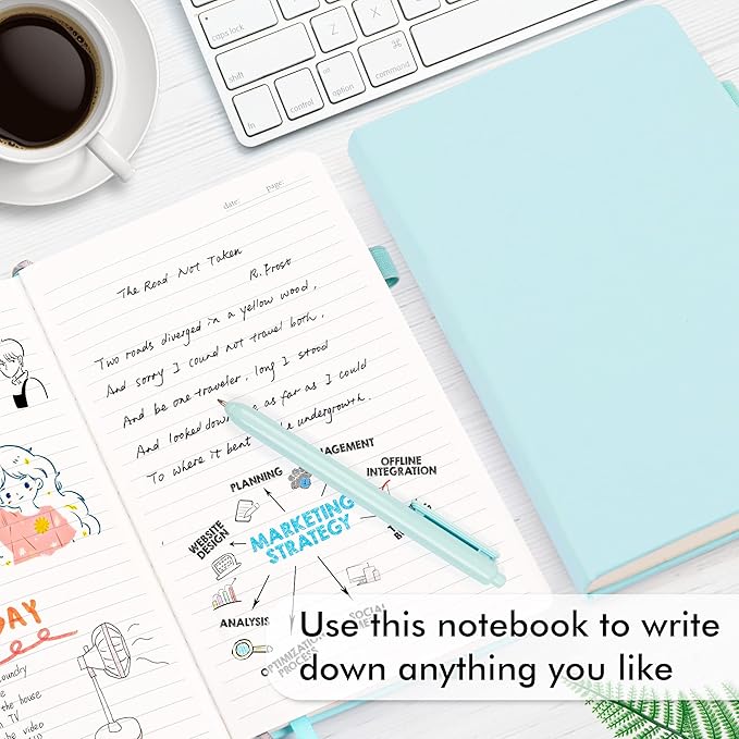 feela 12 Pack Notebooks Journals Bulk, Hardcover Notebook Classic Ruled Lined Journals with Pen Holder for Women Girls School Business Supplies, with 12 Black Pens, 120 GSM, 5.1”x8.3”, A5, Sky Blue