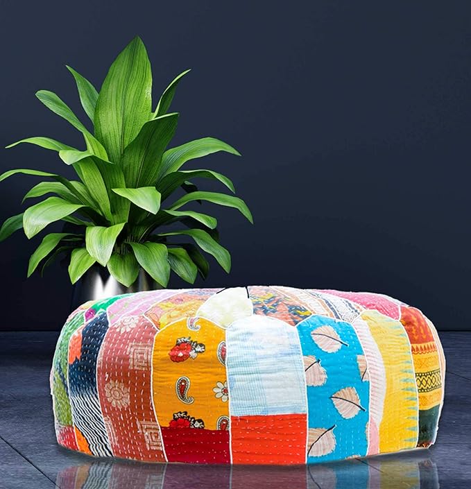 Mandala Life ART Indian Vintage Colorful Pouf Ottoman Cover Handmade Round Floor Cushion Pillow Patchwrok Recycled Cotton Bohemian Room Décor for Yoga and Boho Chic Seating Area 24x8 Unstuffed