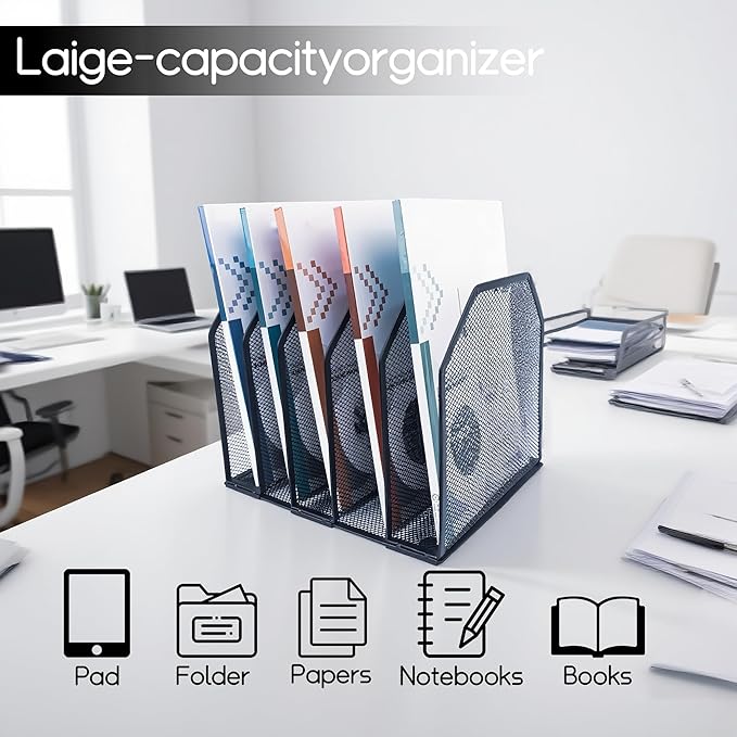 Adjustable Desk File Organizer,Detachable Office Folder Organizer,Compact Vertical Desk File Holder,Wrought Iron Paint,Suitable for Home, School, Office Classrooms (Black - 5 grids)