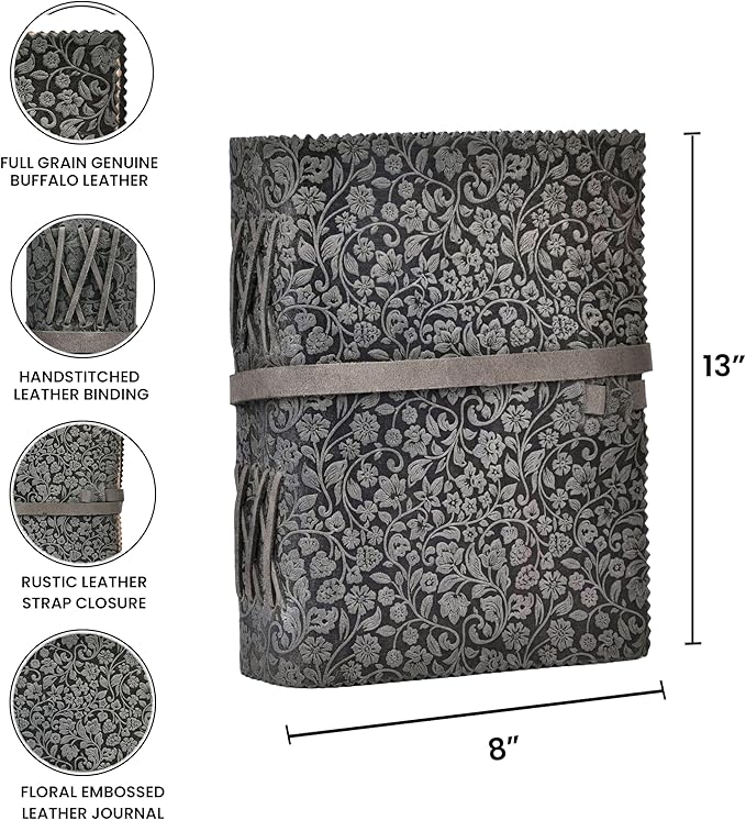 LEATHER VILLAGE Leather Bound Floral Embossed Journal for Women Men - 200 Pages, 13X8 Inches, Black - Book of Shadows, Vintage Blank Paper Travel Diary, Notebook for Writing, Drawing, Sketchbook