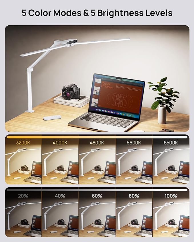 TROND LED Desk Lamp with Clamp - 360° Rotating Architect Desk Lamp for Home Office, 5 Color 5 Brightness Computer Monitor Light, 24W Bright Eye Caring, 45-min Timer with Remote for Table Study Work