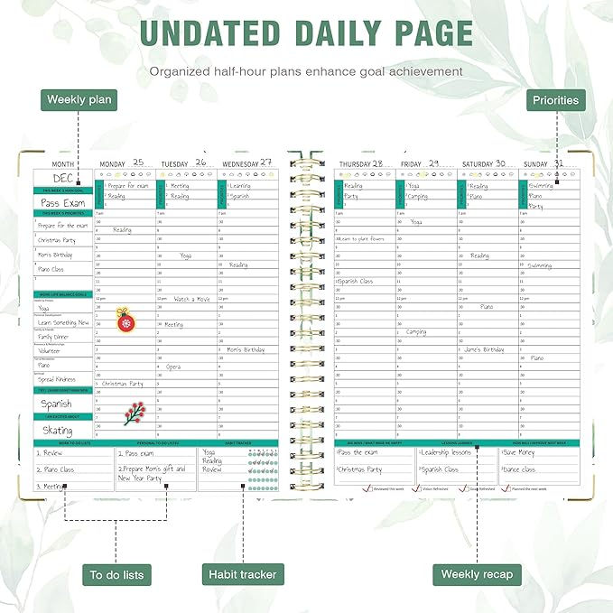 Ospelelf Undated Spiral Bound Planner Daily, Weekly and Monthly Planner 2025-2026, Work Planner 12 Month 8.5 x 11