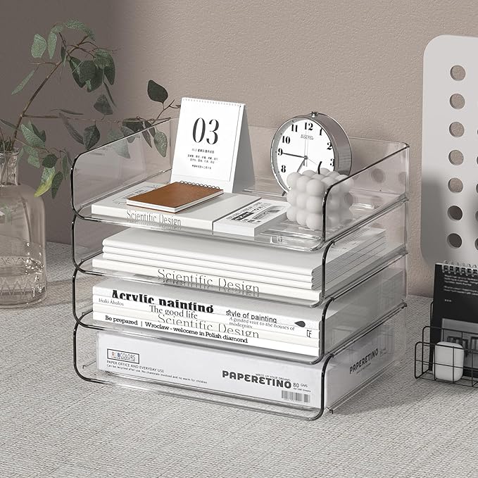 4-Tier Acrylic Paper Tray Organizer - Low-Profile Desk File Sorter for Office/Home, Clear Stackable Letter Tray for Bills, Crafts, Notebooks