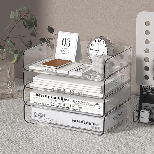 4-Tier Acrylic Paper Tray Organizer - Low-Profile Desk File Sorter for Office/Home, Clear Stackable Letter Tray for Bills, Crafts, Notebooks