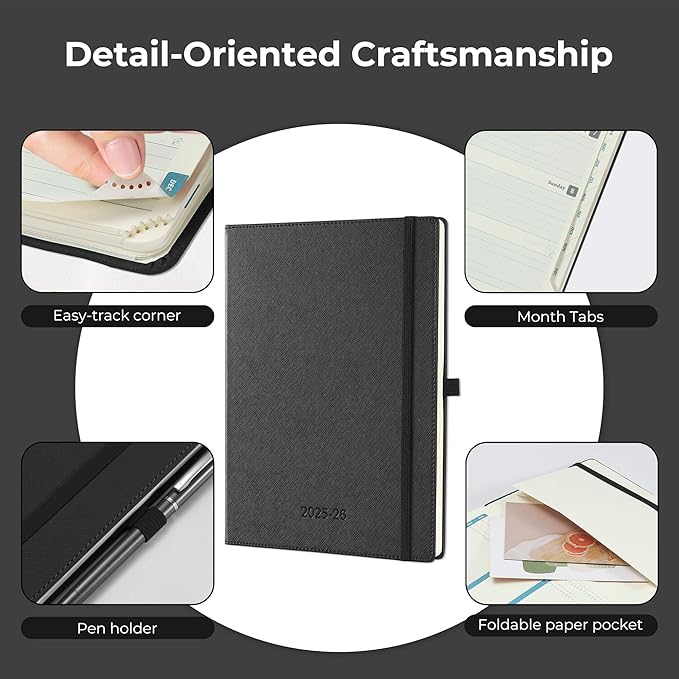 Weekly Monthly 2025-2026 Planner (July 25-Dec 26),11.5"x8.5",18 Months Agenda Plan with Month Tabs & Pocket,Expenses/Note Pages, Academic Calendar with Vegan Leather Cover,Black