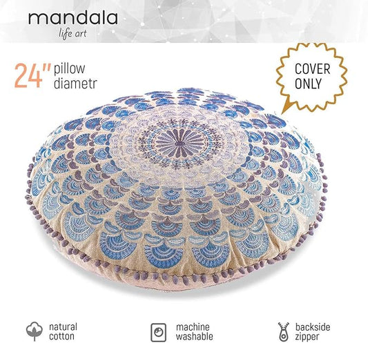 Mandala Life ART Bohemian Meditation Cushion Cover –Luxury, Artisan Room Décor Floor Pillow Case for Yoga, and Boho Chic Seating Area Floor Pillow – Accent Your Living Room, Bedroom, Kids