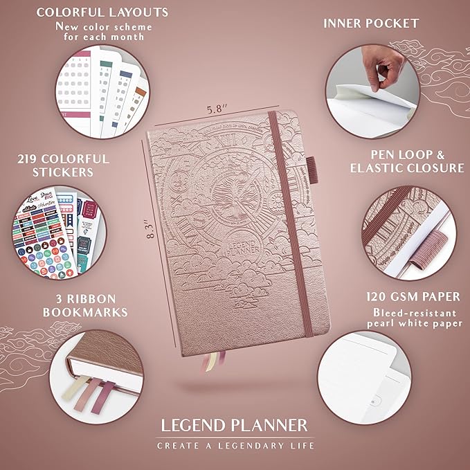 Legend Weekly Colorful Planner 2nd Edition – Undated Life & Work Agenda Journal for Time Management, Goal Setting, Productivity, Tasks & To Do Lists – A5 size, 5.8 ″ x 8.3″, Hardcover – Rose Gold