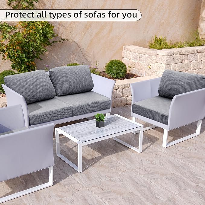 8Pcs Stretch Patio Cushion Cover Outdoor Cushion Cover Replacement Slipcovers Outdoor Cushion Covers Thick Jacquard Textured Twill Fabric Porch Patio Furniture Protector(Grey，Cover，Only)