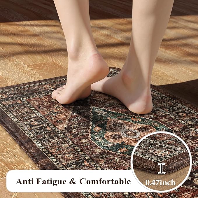 KIMODE Anti Fatigue Kitchen Mats for Floor, Boho Floral Kitchen Rugs Sets of 2, Brick Cushioned Kitchen Floor Mats, Non Slip Standing Desk Mat for Sink Laundry Office Desk 20"x47"+20"x32"