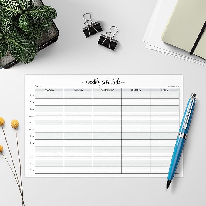 321Done Weekly Schedule Planning Notepad - 50 Sheets (5.5x8.5) – Hourly Appointment Productivity Weekly Planner Tear-Off Note Pad - Cute Simple Script Half-Letter Small Size - Made in USA