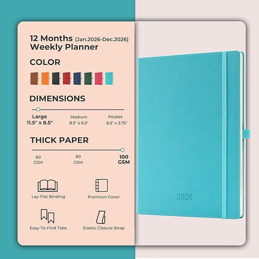 Weekly Monthly 2026 Planner (Jan.26-Dec.26),11.5"x8.5",12 Months Agenda Plan with Month Tabs & Pocket,Expenses/Note Pages, Appointment Book Calendar with Vegan Leather Cover,Light Blue