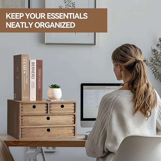 Kirigen Wood Desktop Storage Cabinet/Workspace Document Office necessity Organizer with 4 Drawers/Home,office Letter Mail Sorter with 3 levels/Hold Makeup Box (BR, 3-layer &4 drawers) Dark brown