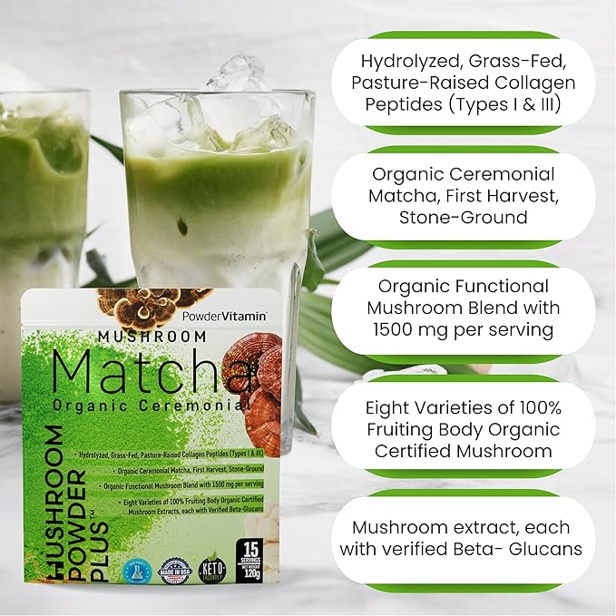 Organic Mushroom Matcha Powder Certified Pesticide-Free Grass-Fed Collagen Types I & III, 8 Fruiting Body Mushrooms Tested for Beta-Glucans Focus Digestion & Immunity 15 Servings