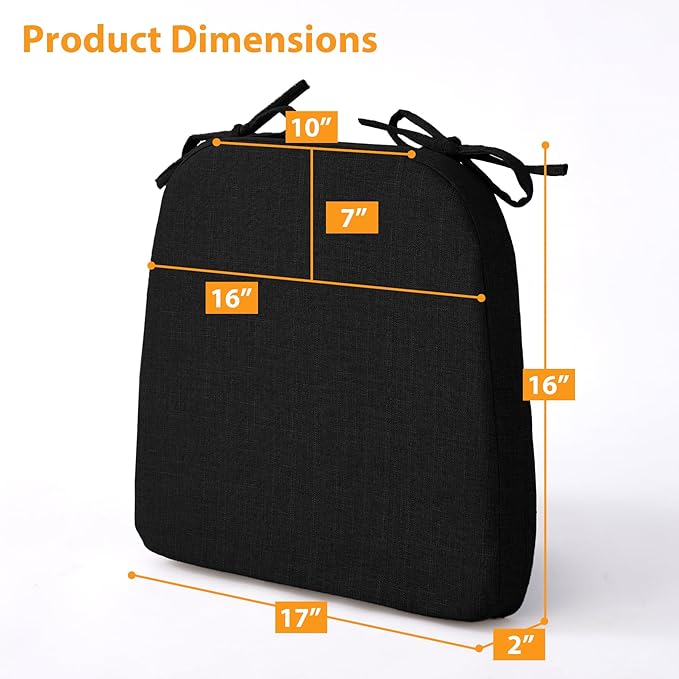 Chair Cushions for Dining Chairs, 2" Thick Seat Cushions for Kitchen Chairs, D-Shaped Chair Pads with Washable Cover, Ties and Non Slip Backing, 17'' x 16'', Set of 4, Black