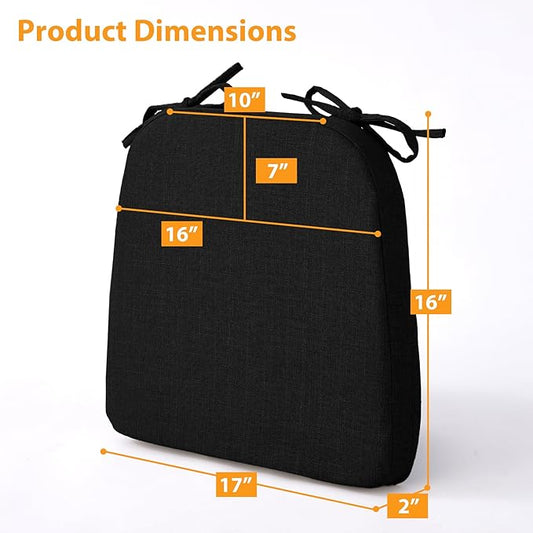 Chair Cushions for Dining Chairs, 2" Thick Seat Cushions for Kitchen Chairs, D-Shaped Chair Pads with Washable Cover, Ties and Non Slip Backing, 17'' x 16'', Set of 4, Black