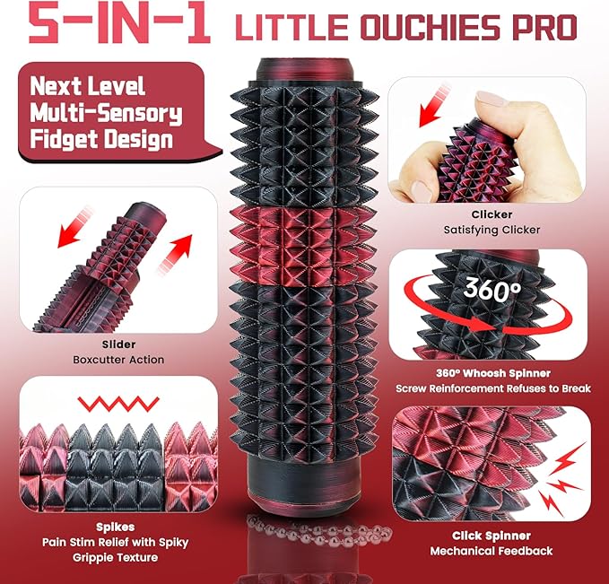 Little Ouchies Spiky Sensory Fidget Toy for Adults – Pain Stim Tool with Clicker, Spinner, Slider, Roller & Spiky Grip | 5‑in‑1 Stress & Anxiety Relief, Portable Keychain(Black & Red Laser)