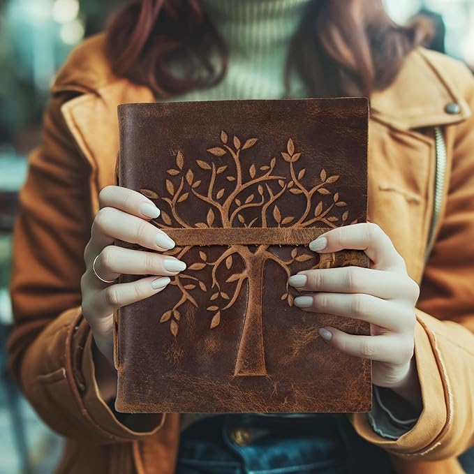 LEATHER VILLAGE Tree of Life Journal - 6 X 4 (A6) inches - Rustic Brown - 200 Antique Deckle Edge Handmade Paper – Book of Shadows - Vintage Leather Bound Journal for Women & Men