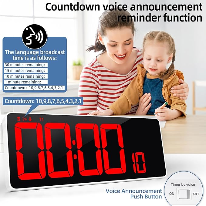 TXL 13.7 Inch Large Digital Wall Clock with Remote Control,LED Desk Clock Digital with DST/Calendar/Temperature/Timer Function, Auto Dimmer, Large Display for Classroom/Office (Red)