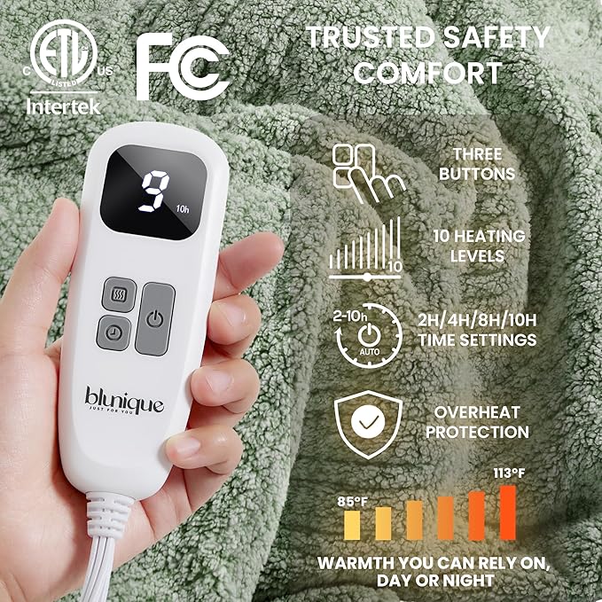 Electric Heated Blanket Full Size 72x84 inches, Fast Heating w/ 10 Heat Settings & 2/4/8/10H Auto Timer, Double-Sided Sherpa, Ultra Soft & Cozy for Couch, Bed, Office, Machine Washable, Light Sage