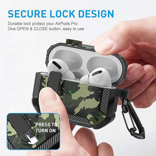 Maxjoy for AirPods Pro Case Cover with Lock, AirPods Pro 1st Generation Case for Men Military Rugged Protective Cover with Keychain Compatible with Apple AirPod Pros 2019 Front LED Visible, Green Camo