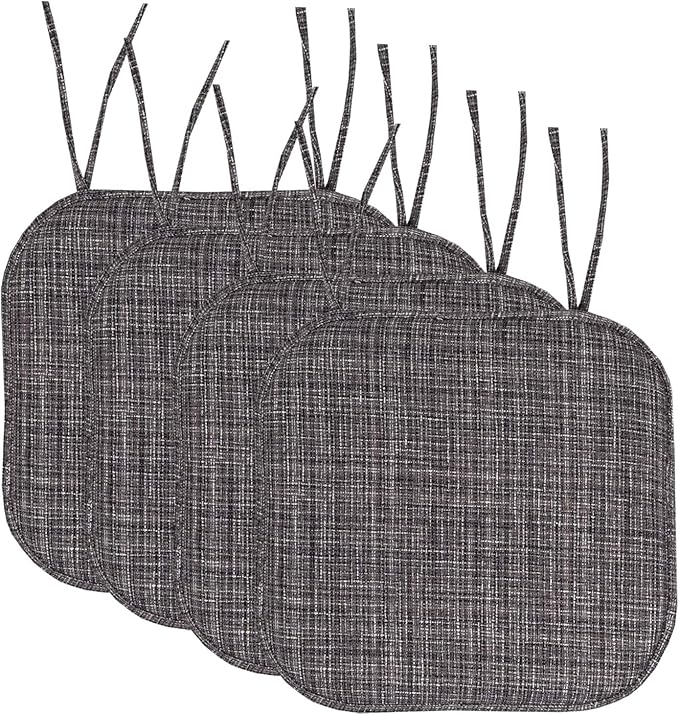 Sweet Home Collection Chair Cushion Memory Foam Pads with Ties Honeycomb Pattern Slip Non Skid Rubber Back Rounded Square 16" x 16" Seat Cover, 4 Pack, Aria Gray/Black