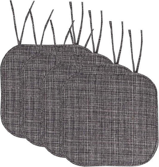 Sweet Home Collection Chair Cushion Memory Foam Pads with Ties Honeycomb Pattern Slip Non Skid Rubber Back Rounded Square 16" x 16" Seat Cover, 4 Pack, Aria Gray/Black