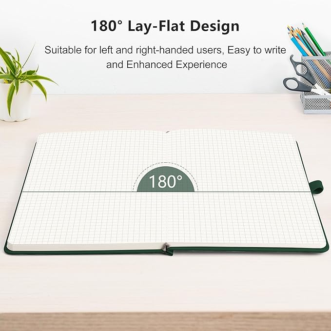 RETTACY Graph Grid Paper Notebook, 2-Pack, 192 Pages per Pack, A5 Medium Size (5.7'' x 8.3''), Leather Hardcover, 100 GSM Thick Paper, for School, Students, Math, Engineering (Black & Dark Green)