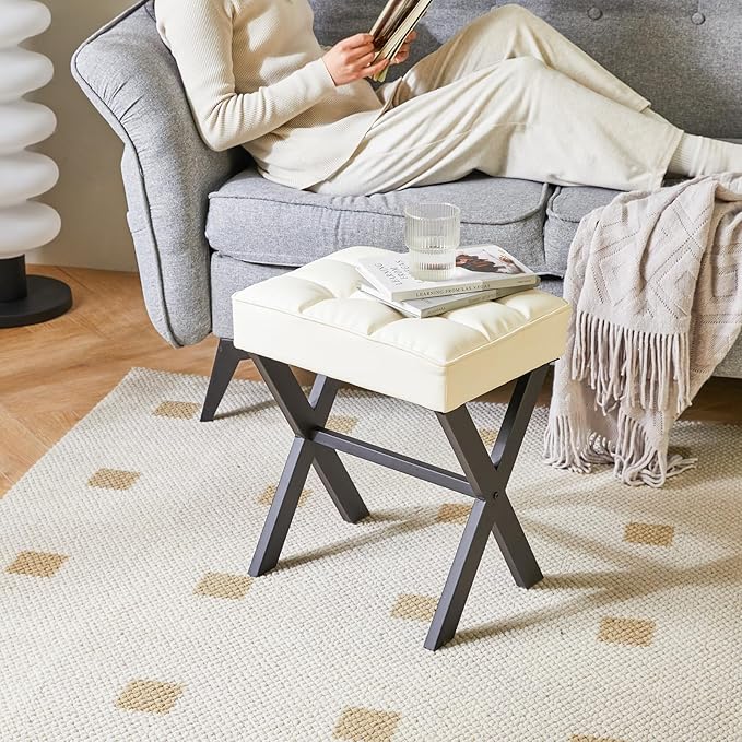 IBUYKE Square Makeup Stool with X-Leg Foot Rest, PU Footrest, Ottoman Seat Vanity Stool, Multi-Use as Small Side Table, for Bedroom, Living Room, White LG-71W