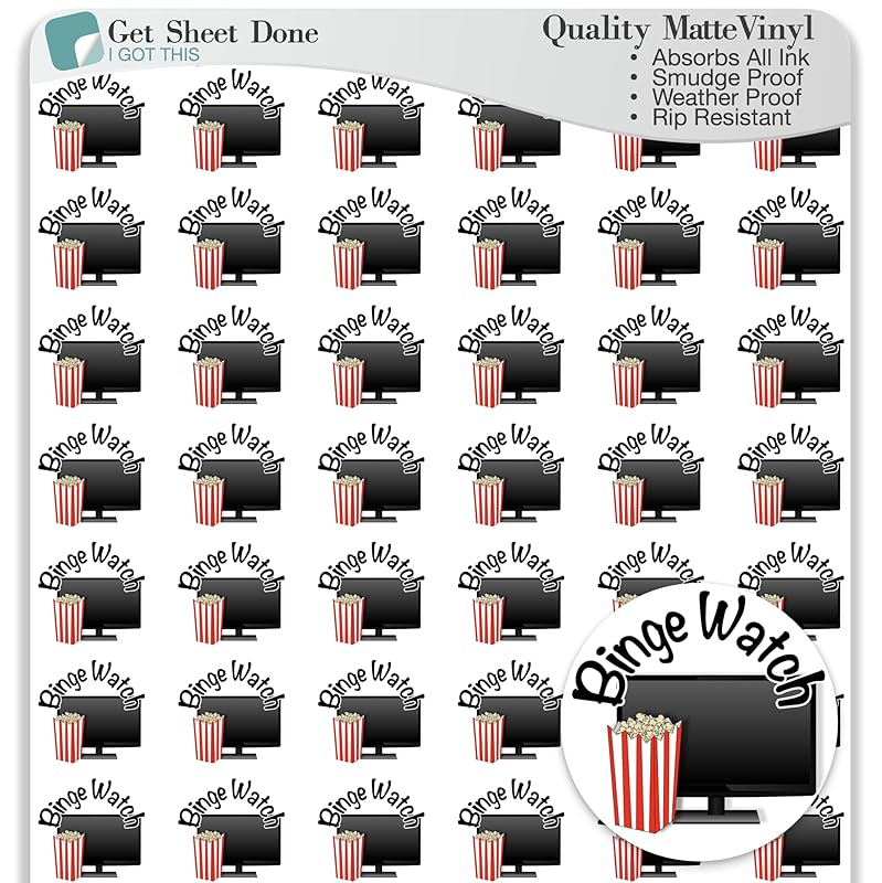 Binge Watch Planner Sticker / 54 Fun Vinyl Stickers/TV Me Time Self Care Netflix Hulu Stream/Essential Productivity Life Planner/Bullet Bujo Journal/Todo Appointments (3 Sheets, Matte Vinyl)