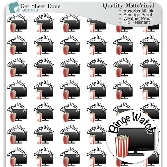 Binge Watch Planner Sticker / 54 Fun Vinyl Stickers/TV Me Time Self Care Netflix Hulu Stream/Essential Productivity Life Planner/Bullet Bujo Journal/Todo Appointments (3 Sheets, Matte Vinyl)
