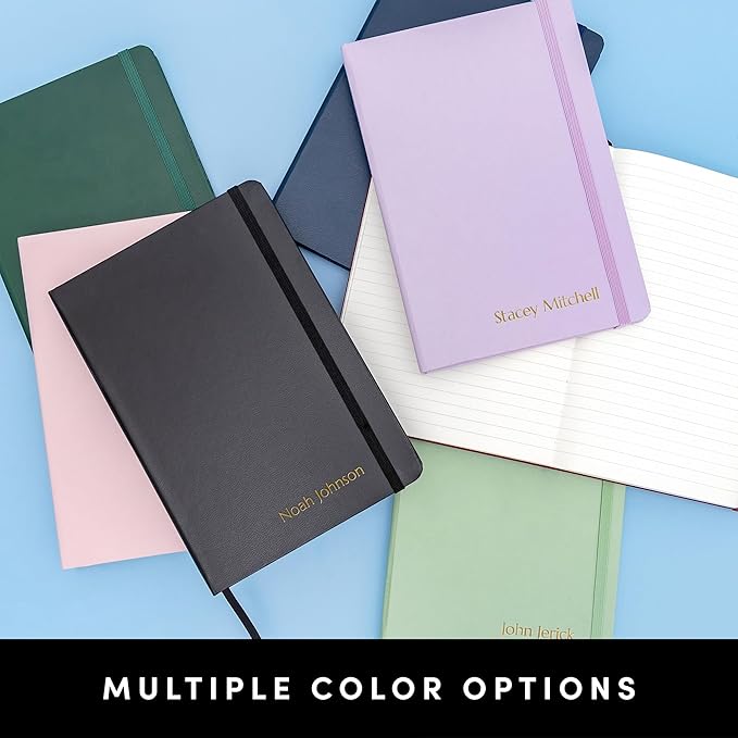 PAPERAGE Personalized Lined Journal Notebook for Writing - Customizable Text in Embossed Metallic Gold Foil, 160 Pages, 100 GSM Thick Paper, Leather Hardcover Diary, 5.7 inches x 8 inches, Black