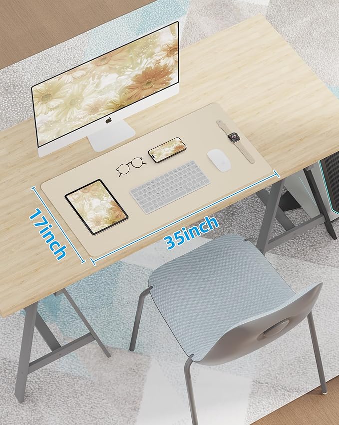 AFIING Leather Desk Pad Protector,Mouse Pad,Office Desk Mat, Non-Slip PU Leather Desk Blotter,Large Desk mat,Waterproof Keyboard mat for Office/Home/Decor (Beige,35"" x 17"")