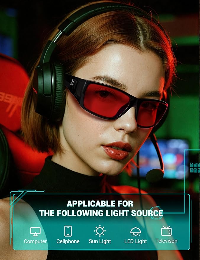 TIJN Sonia Sleep Glasses for Blue & Green Light Blocking,Red Lens with Dual AR Coating,Wraparound Frame for Gaming Screen