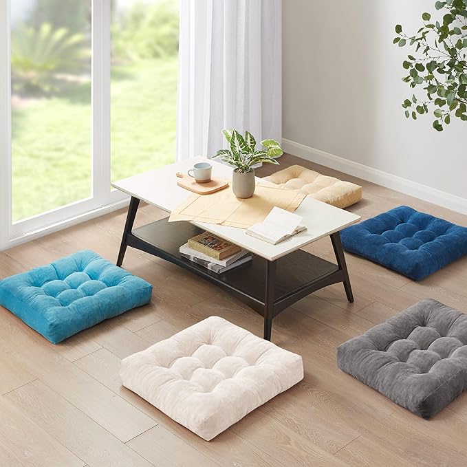 Meditation Floor Pillow Set of 2, Square Large Pillows Seating for Adults, Tufted Corduroy Cushion for Balcony Outdoor Tatami Living Room, Beige, 22x22 Inch