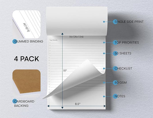 Better Office Products To Do List Notepad, 8.5" x 11", Planning Note Pad, 50 Sheets, Daily Agenda Productivity Checklist Organizer, (4 Pack)
