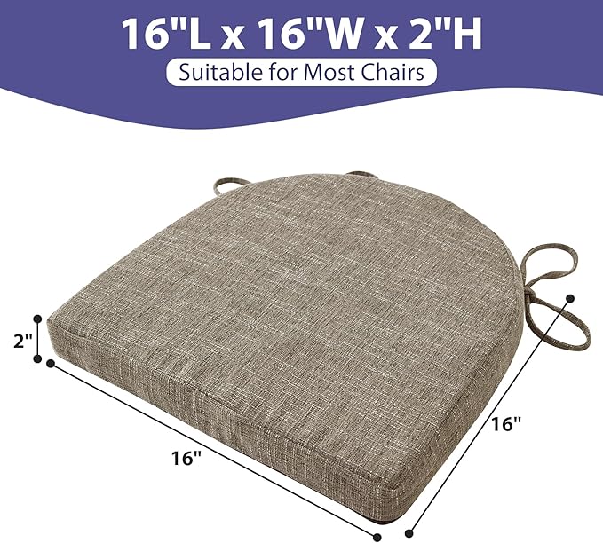 Chair Cushions for Dining Chairs with Ties and Removable Cover, Dining Kitchen Chair Pads with Non-Slip Bottom, High-Resilience Indoor Seat Cushions, 16'' x 16'' x 2'', Set of 4, Khaki
