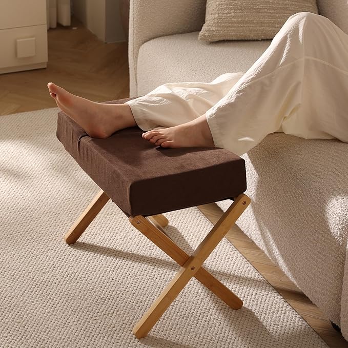 Folding Footrest Stool, Small Accent Ottoman with Thick Cotton Cushion & Bamboo X Legs, Modern Padded Sofa Stool for Makeup Bedroom Living Room (Brown)
