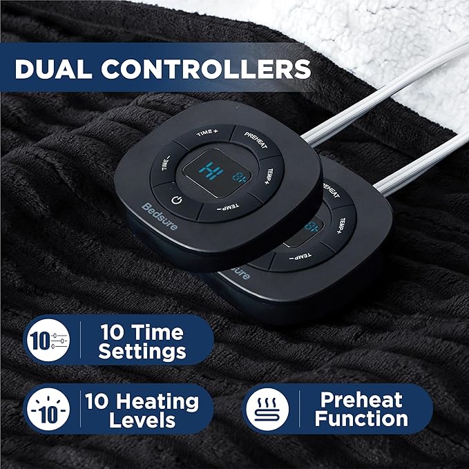 Bedsure GentleSoft Electric Blanket Queen Size - Soft Ribbed Flannel Heated Blanket with Dual Control, Heating with 10 Heat Settings & 10 Time Settings, 8 hrs Timer Auto Shut Off (84x90 inches, Black)