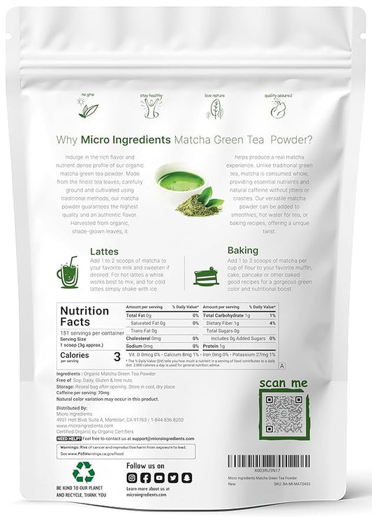 Micro Ingredients Organic Matcha Green Tea Powder, 1 lb | First Harvest, Culinary Grade from Japan | 100% Pure & Unflavored | Great for Tea, Latte & Smoothies | Non-GMO, No Sugar, Eco-Friendly Packaging