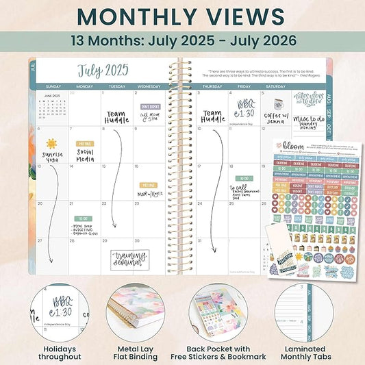 bloom daily planners 2025-2026 Academic Year Daily Planner (July 2025 - July 2026) - A5 Weekly & Monthly Calendar Agenda Organizer Book with Stickers - 5.5" x 8.25" - Painted Peonies