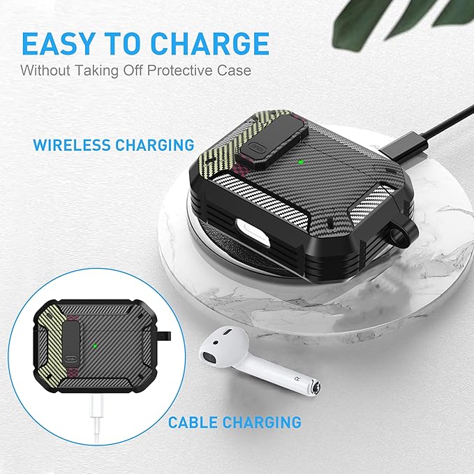 Maxjoy for AirPods Pro Case Cover with Lock, AirPods Pro 1st Generation Case for Men Military Rugged Protective Cover with Keychain Compatible with Apple AirPod Pros 2019 Front LED, Carbon Fiber Gray