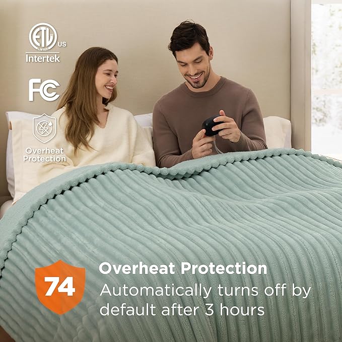 Bedsure Electric Blanket King Size - Thick Striped Flannel Electric Blanket with Dual Control, Heating with 10 Heat Settings & 10 Time Settings, 8 hrs Timer Auto Shut Off (90x100 inches, Green)