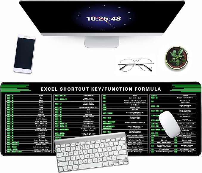 Excel Cheat Sheet Desk Pad, 31.5"x11.8", Waterproof Extra Large Excel Shortcut Mat with Stitched Edges, Anti-Slip Excel Mouse Pad for Office Desk, MS Excel/Word Shortcuts (Green Excel J)